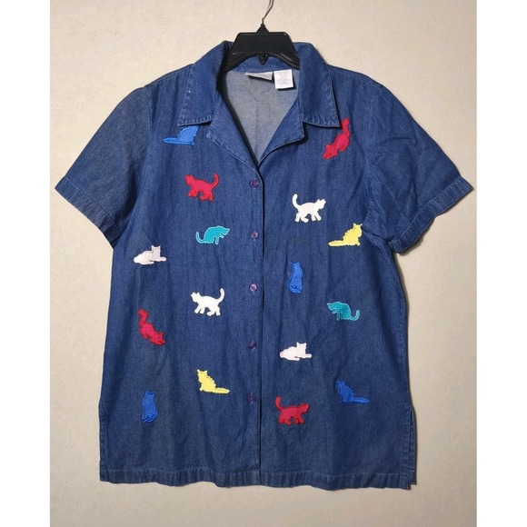 Vintage Denim Button Up Shirt Colorful Embroidered Cats Animal Print Short Large - Picture 3 of 9